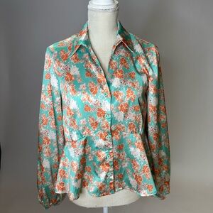 Love Blue and Orange Button Down Blouse with Notched Collar